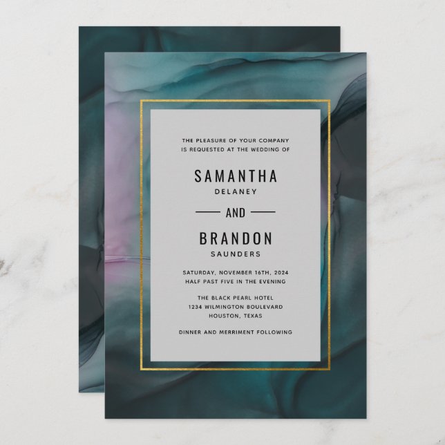 Luxe Jewel Tone Ink Wash Wedding Invitation (Front/Back)