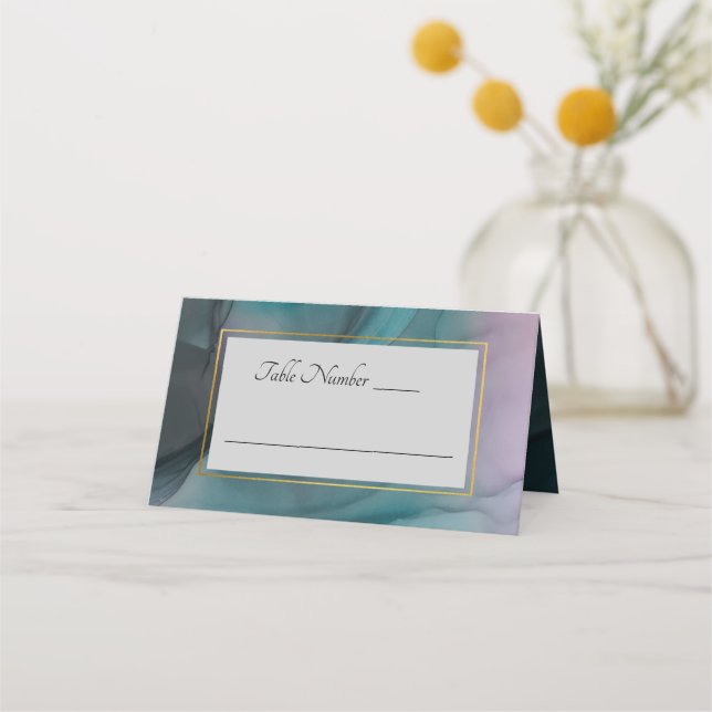 Luxe Jewel Tone Marble Ink Wash Wedding Place Card (Front)