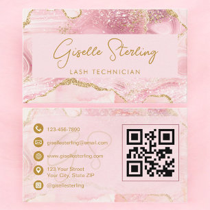Luxe Lash Technician Blush Pink Gold Agate QR Code Business Card