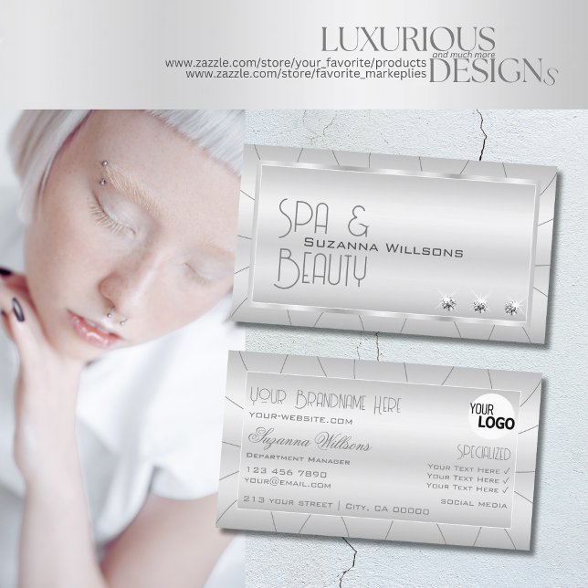 Luxe Light Silver with Diamonds and Logo Luxurious Business Card (Creator Uploaded)