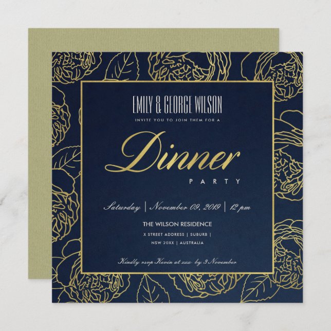 LUXE LUSH NAVY FAUX GOLD ROSE FLORAL DINNER PARTY INVITATION (Front/Back)