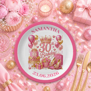 Luxe Magenta Gold Sparkle 30th Birthday Paper Plat Plate
