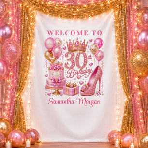 Luxe Magenta Gold Sparkle 30th Birthday Party Bann Tapestry