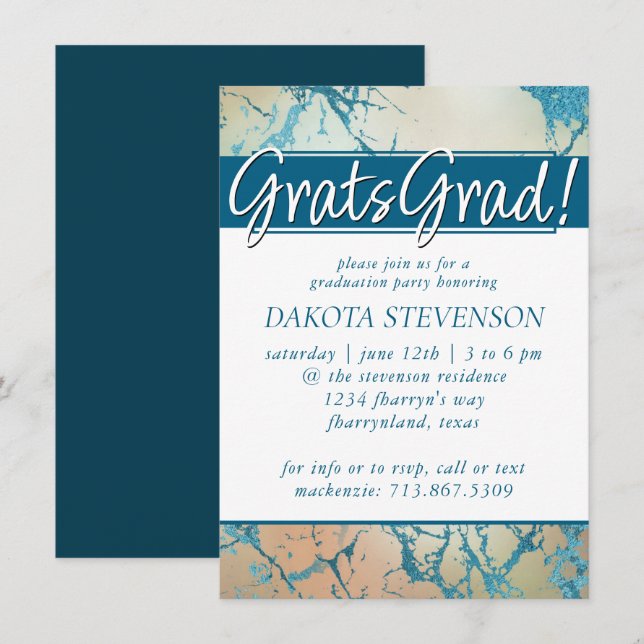 Luxe Marble | Beautiful Coral and Teal Graduation Invitation (Front/Back)