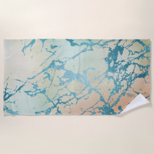 Luxe Marble Beautiful Yellow and Coral Teal Vein Beach Towel