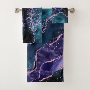 Luxe Marble Crystal Purple Teal Glitter Agate Bath Towel Set