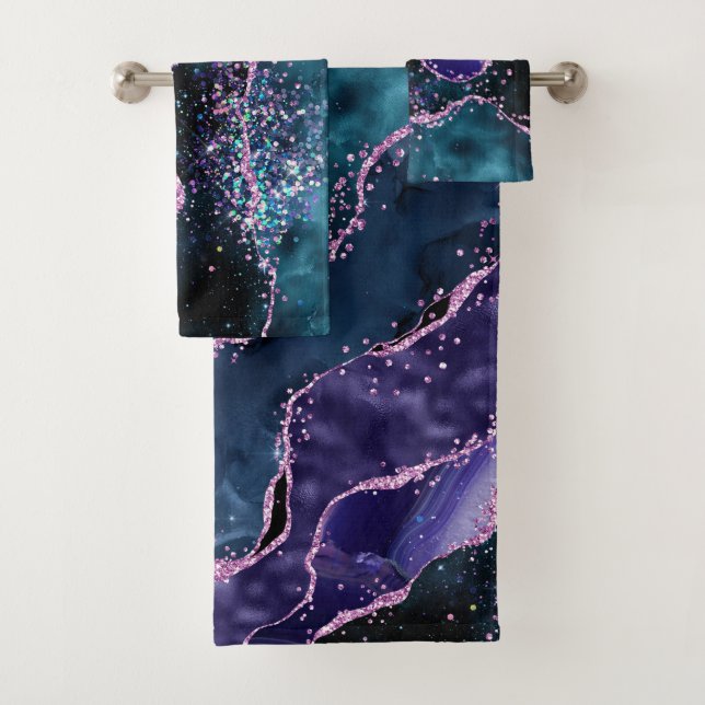 Luxe Marble Crystal Purple Teal Glitter Agate Bath Towel Set (Insitu)
