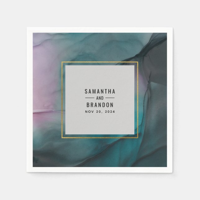 Luxe Marble Ink Wash Jewel Tones Wedding Napkin (Front)