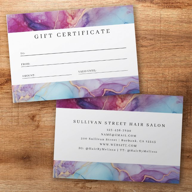 Luxe Marble Purple Teal Business Gift Certificate (Creator Uploaded)