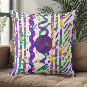 Luxe Mardi Gras Purple Gold Green Stripes Confetti Cushion