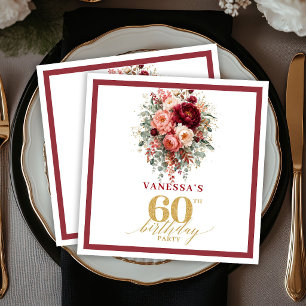 Luxe Marsala Gold Floral Autumn 60th Birthday  Napkin