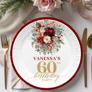 Luxe Marsala Gold Floral Autumn 60th Birthday Pape Paper Plate