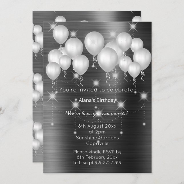 LUXE METALLIC BLACK BALLOON BIRTHDAY INVITATION (Front/Back)