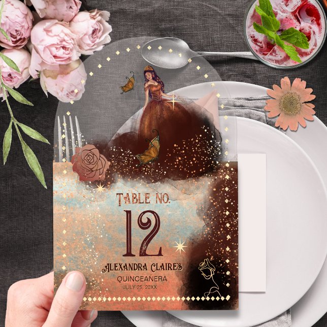 Luxe Metallic Copper Quin Acrylic Table Number  (Elegant Vintage Copper Rose Arched Acrylic Table Acrylic Invitations- close up)