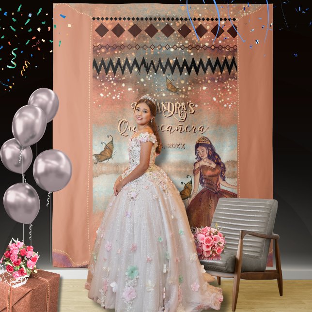 Luxe Metallic Copper Quin Photo Back Backdrop  Tapestry ( Quinceanera backdrop with model white dress)