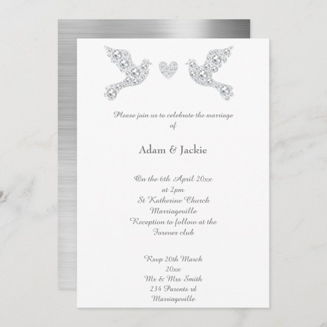 Luxe Metallic Silver Love Dove Wedding Invitation (Front/Back)