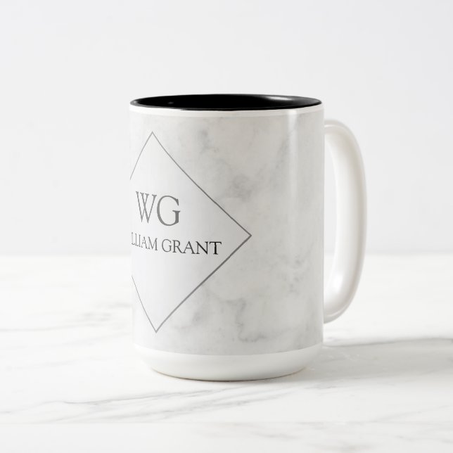 Luxe Minimalist Chic White Marble Monogram Two-Tone Coffee Mug (Front Right)