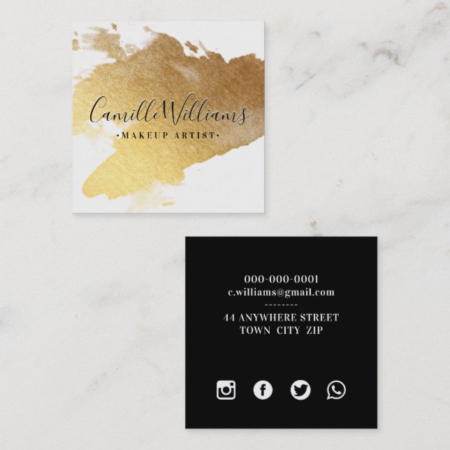 LUXE MINIMALIST glam faux gold foil splash black S Square Business Card (Front/Back)