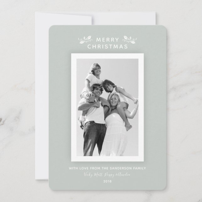 Luxe Modern Minimal Grey Green Christmas Photo Holiday Card (Front)