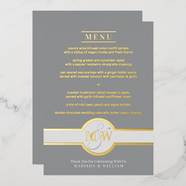 Luxe Monogram Modern Elegant Menu Grey And Gold (Front/Back)