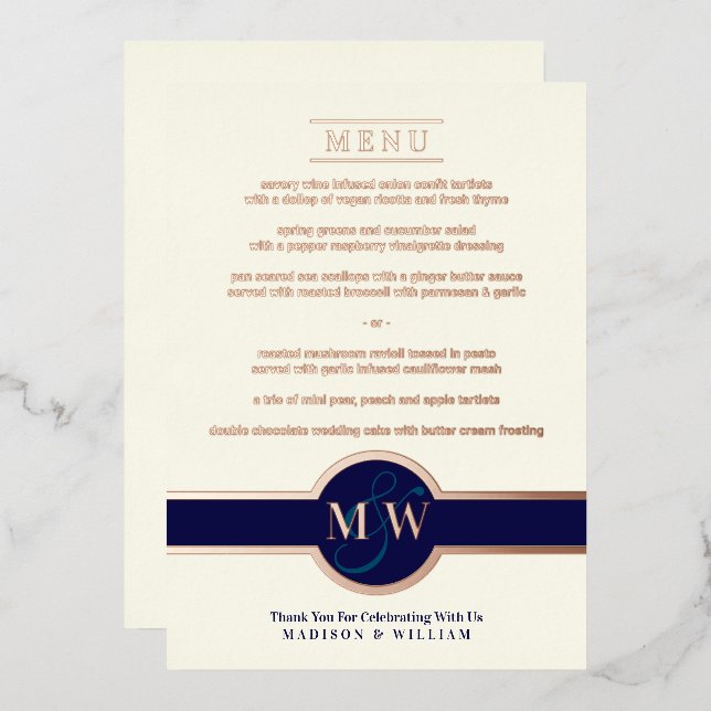 Luxe Monogram Modern Elegant Menu Navy Rose Gold (Front/Back)