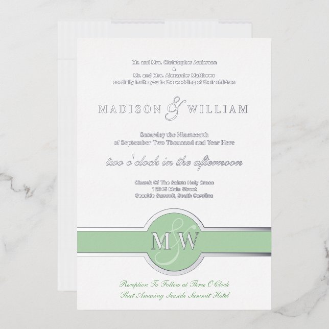 Luxe Monogram Modern Wedding Green Silver Foil (Envelope)