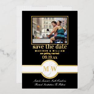 Luxe Monogram Photo Save The Date Black And Gold