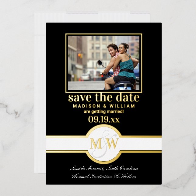 Luxe Monogram Photo Save The Date Black And Gold (Envelope)
