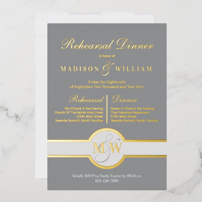Luxe Monogram Rehearsal Dinner Grey And Gold (Envelope)