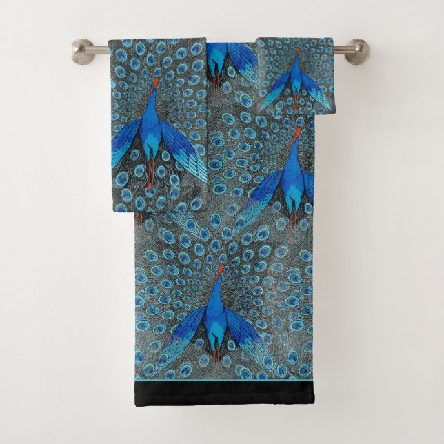 Luxe Monogram Turquoise Teal Blue Black Peacock  Bath Towel Set (Insitu)