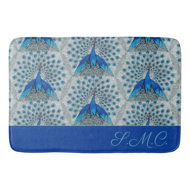 Luxe Monogram Turquoise Teal Blue Peacock Pattern  Bath Mat (Front)