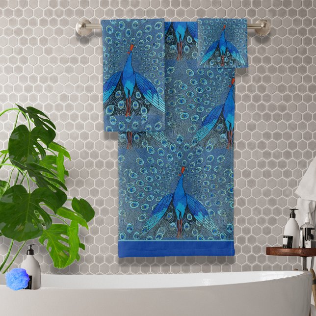 Luxe Monogram Turquoise Teal Blue Peacock Pattern  Bath Towel Set (Creator Uploaded)