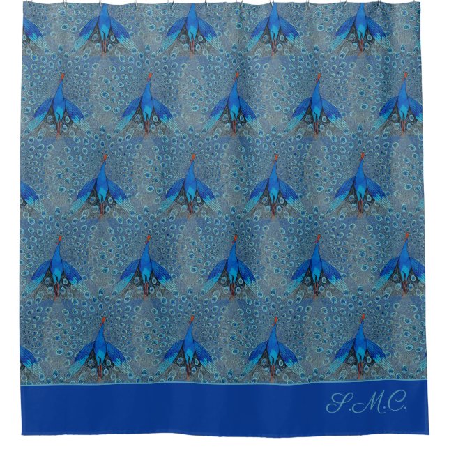 Luxe Monogram Turquoise Teal Blue Peacock Pattern  Shower Curtain (Front)