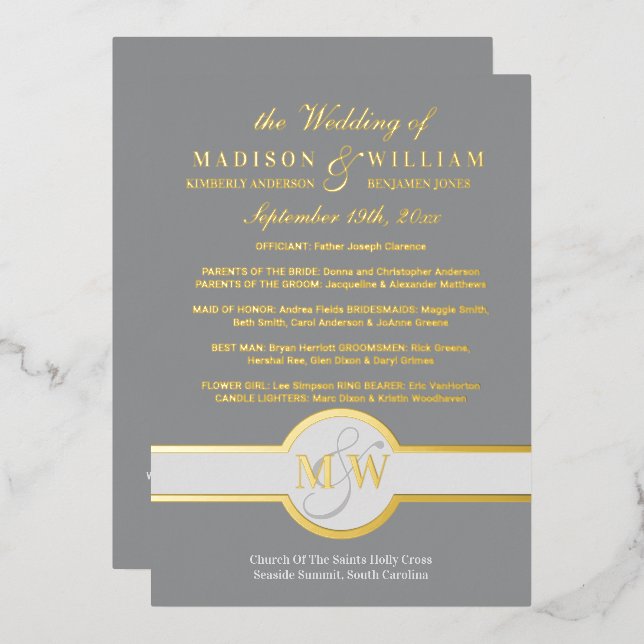 Luxe Monogram Wedding Program Grey And Gold (Front/Back)