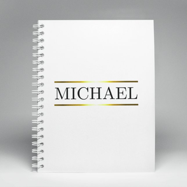 Luxe Name Bar Notebook (Notebook with bold name in center bar, thin faux gold border, and clean white background.)