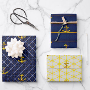 Luxe Nautical Navy and Gold  Anchor  Wrapping Paper Sheet
