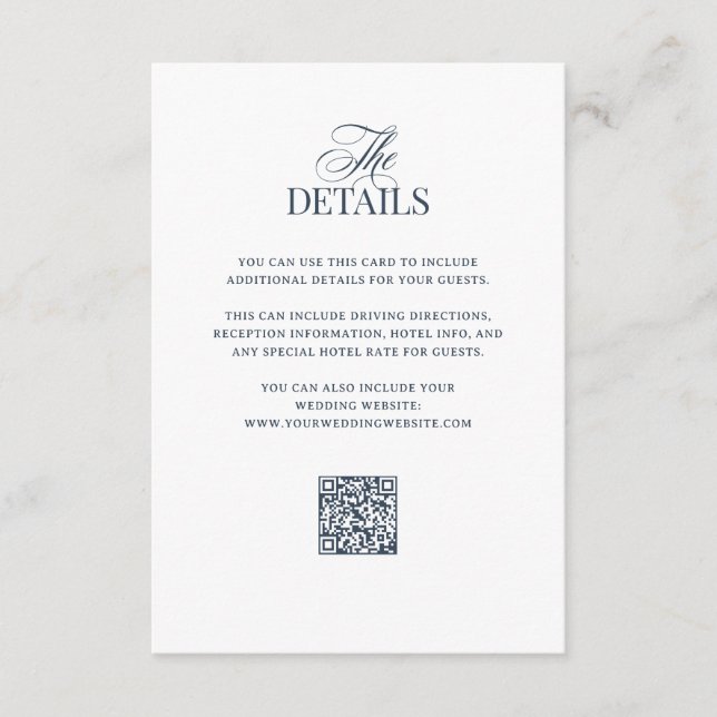 Luxe Navy Blue | QR Code Wedding Guest Details Enclosure Card (Front)