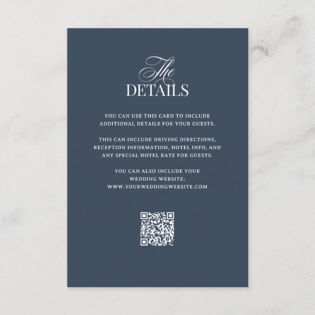 Luxe Navy Blue | QR Code Wedding Guest Details Enclosure Card (Front)