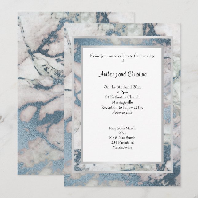 LUXE NAVY BLUE SILVER MARBLE WEDDING INVITATION (Front/Back)