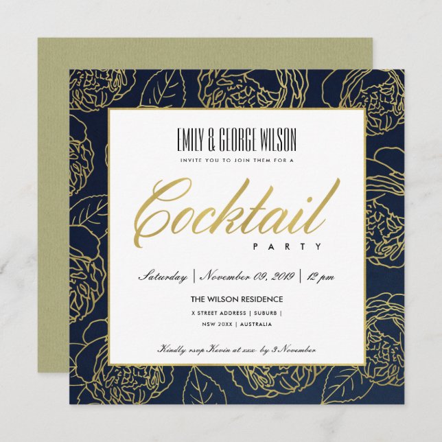 LUXE  NAVY FAUX GOLD ROSE FLORAL COCKTAIL PARTY INVITATION (Front/Back)