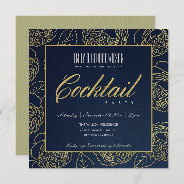 LUXE  NAVY FAUX GOLD ROSE FLORAL COCKTAIL PARTY INVITATION (Front/Back)