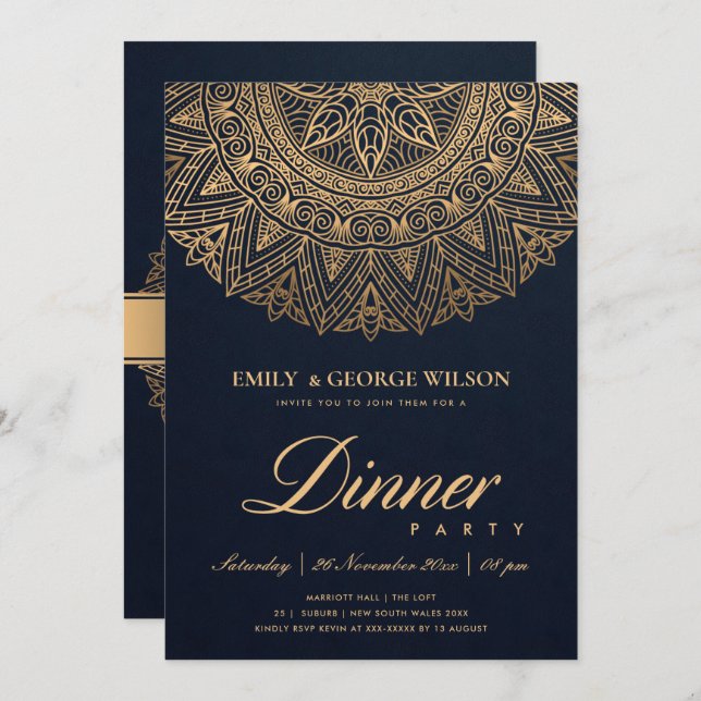 LUXE NAVY GOLD CLASSIC ORNATE MANDALA DINNER PARTY INVITATION (Front/Back)