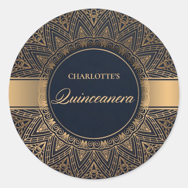 LUXE NAVY GOLD CLASSIC ORNATE MANDALA QUINCEANERA CLASSIC ROUND STICKER (Front)