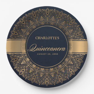LUXE NAVY GOLD CLASSIC ORNATE MANDALA QUINCEANERA PAPER PLATE