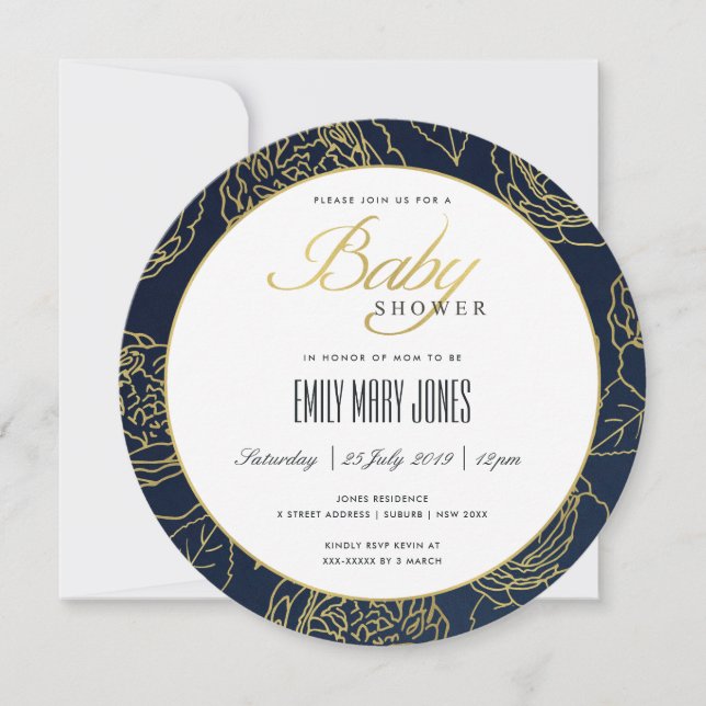 LUXE NAVY GOLD ELEGANT ROSE FLORAL BABY SHOWER INVITATION (Front)