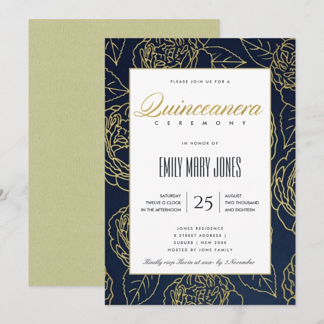 LUXE NAVY GOLD ELEGANT ROSE FLORAL QUINCEANERA INVITATION (Front/Back)