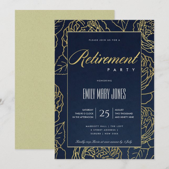 LUXE NAVY GOLD ELEGANT ROSE FLORAL RETIREMENT INVITATION (Front/Back)
