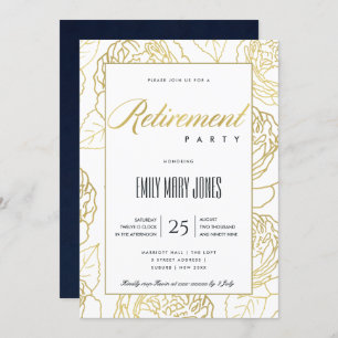 LUXE NAVY GOLD ELEGANT ROSE FLORAL RETIREMENT INVITATION