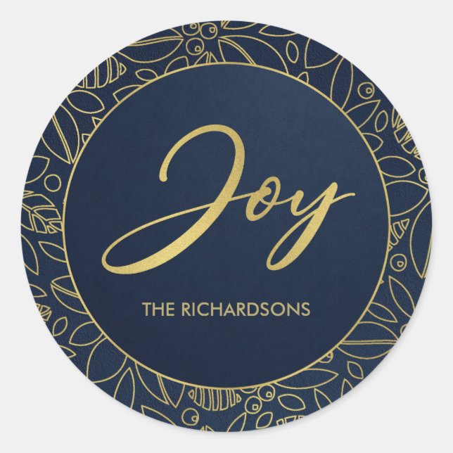 LUXE NAVY GOLD HOLLY BERRIES CHRISTMAS JOY CLASSIC ROUND STICKER (Front)