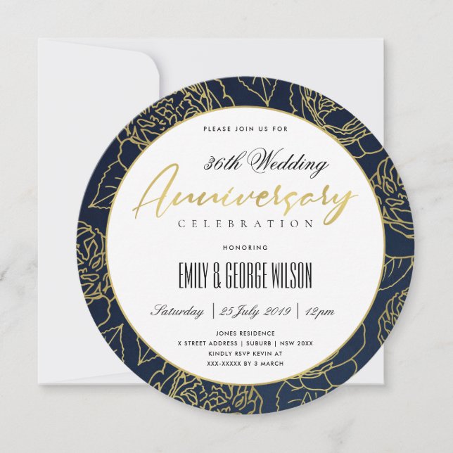 LUXE NAVY GOLD ROSE FLORAL ANY YEAR ANNIVERSARY INVITATION (Front)